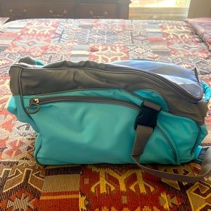 Soft pet carrier for small cat or dog in an aqua blue and gray.